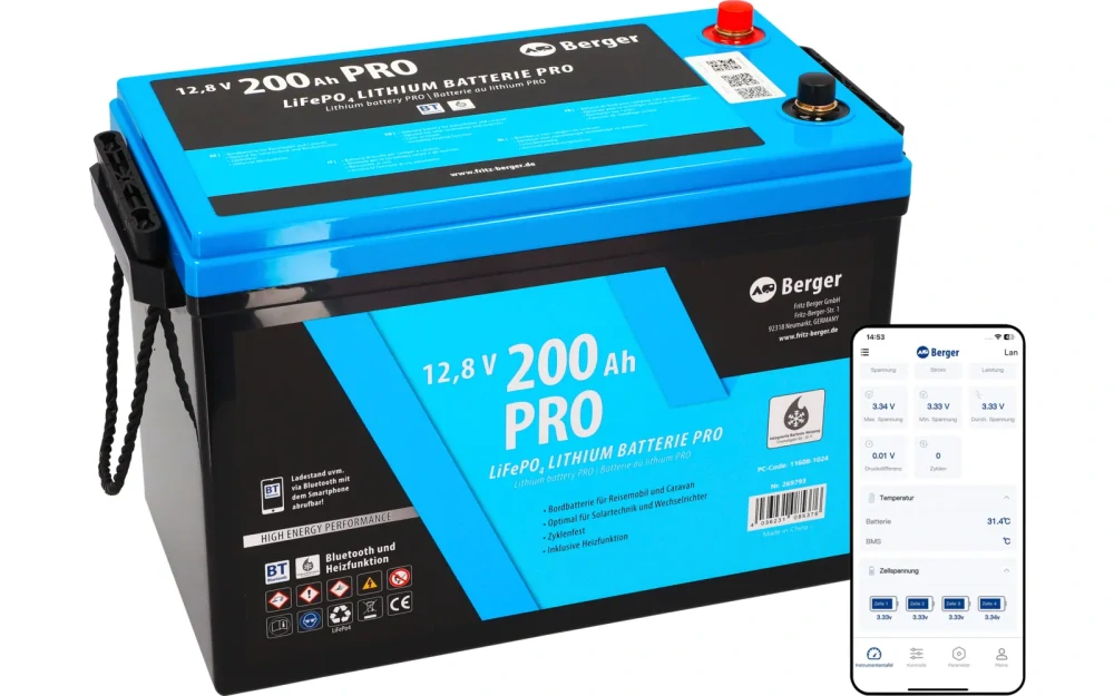 LiFePO4 baterie Berger Lithium Pro 200 Ah 12V s Bluetooth a ohřevem