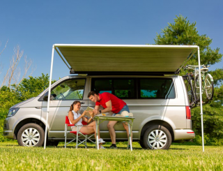 Fiamma F35 Pro, šedá, modrá plachta 253 x 225
